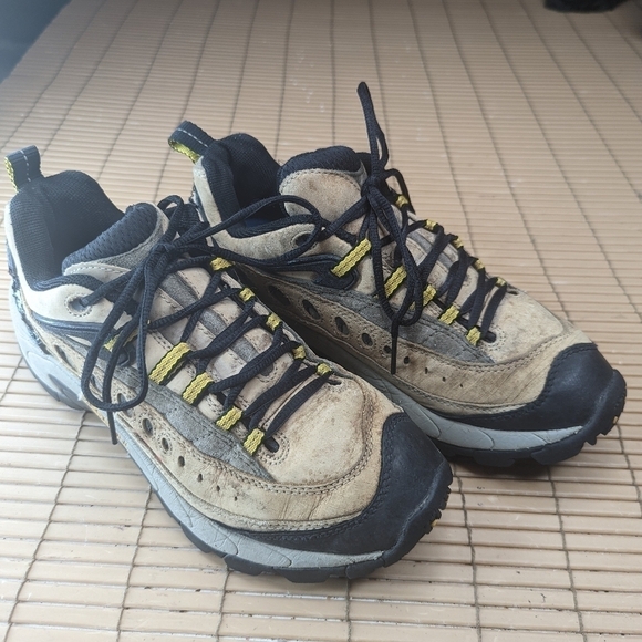 Merrell Men's Brown Pulse Birch/ Yellow Leather Hiking Performance Shoes Size US - Picture 2 of 12